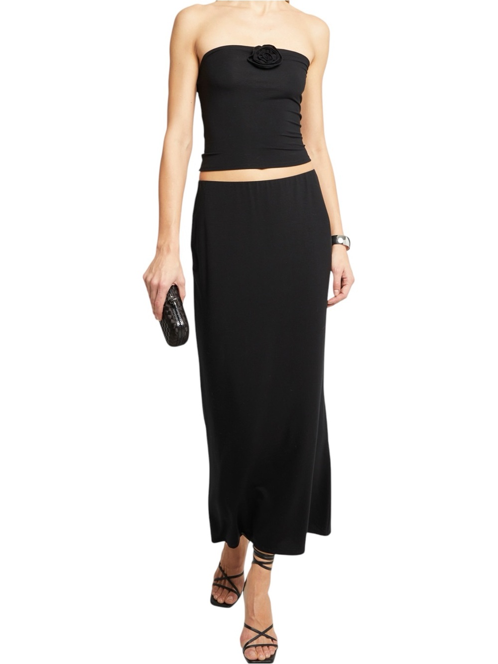 Kourt Few Moda Carine Set Black Maxi Skirt Rosette Tube Top Stretchy NWT